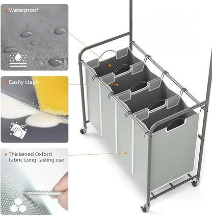 ROMOON Rolling Laundry Basket Organizer with Hanging Clothes Rack: 4 Section Laundry Hamper Sorter with Hanging Bar and Heavy-duty Lockable Wheels - Clothes Rack with Laundry baskets, 2025 Upgrade