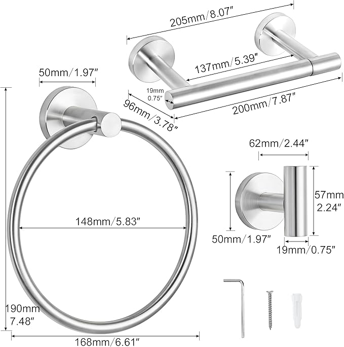 CozyTower Brushed Steel Quick Reload Toilet Paper Holder Wall Mount, SUS304 Stainless Steel Double Post Pivoting Tissue Roll Holder Hand Towel Holder Ring Wall Hook Bathroom Hardware Accessories Set