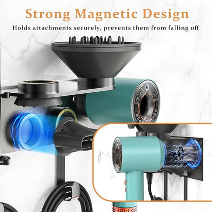 Affogato Hair Dryer Holder Wall Mount Compatible with Dyson Supersonic HD16 Airwrap Straightener, 2 in 1 Airstrait Organizer Stand, Metal Blow Dryer Attachments Storage Rack for Bathroom and Salon