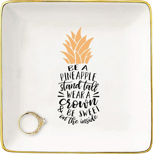 Be a Pineapple Stand Tall Wear a Crown – Ceramic Jewelry Holder Box Ring Dish Trinket Tray – Tropical Inspirational Gifts For Women Teen - Birthday Christmas Gifts for Women,Best Friends,Bestie