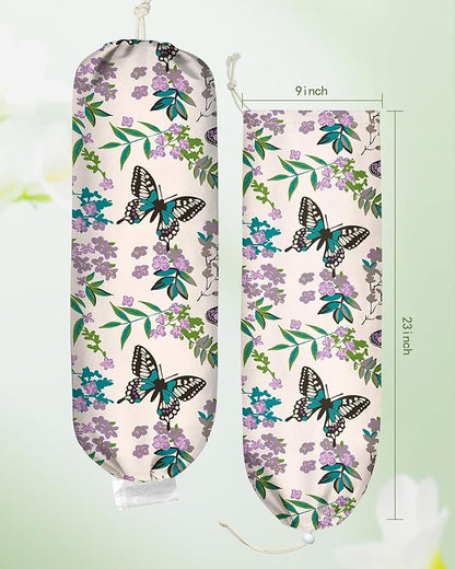 Plastic Bag Holder Organizer - 1 Pack Reusable Canvas Grocery Bags Holder Hanging Wall Cute Aesthetic Shopping Bag Storage Dispenser with Drawstring Closure for Kitchen Home, Butterfly