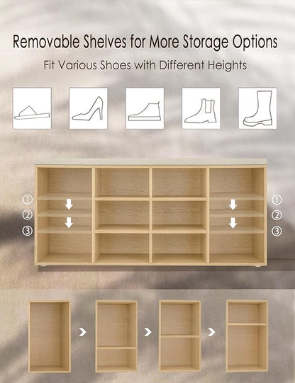 DINZI LVJ Shoe Storage Bench with Cushion, 12-Cubby Shoe Rack, Adjustable Shelves, 40.9" Long Shoe Organizer Bench for Entryway, Mudroom, Hallway, Garage, Natural and Cappuccino Beige