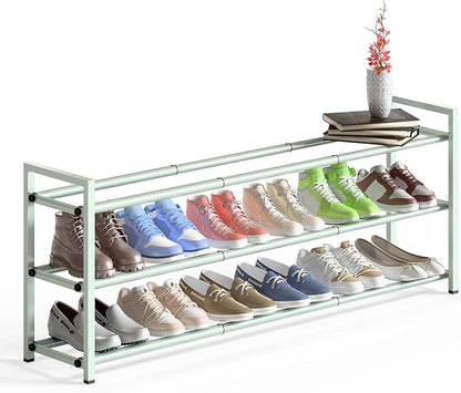 Bumusty 3-Tier Long Expandable Shoe Rack for Closet, 18"-44" Adjustable Shoe Rack for Entryway, 15-18 Pairs Large Shoe Organizer Shelf Storage, Sturdy Metal, Green