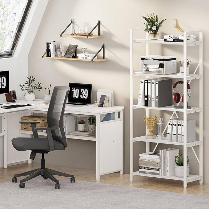 FATORRI 5 Tier Bookshelf, Metal and Wood Bookcase, Etagere Book Shelf for Display, Modern Shelving Unit Tall Book case for Home Office, Living Room (White Oak)