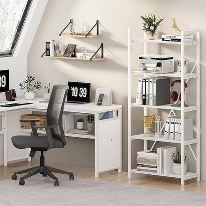 FATORRI 5 Tier Bookshelf, Metal and Wood Bookcase, Etagere Book Shelf for Display, Modern Shelving Unit Tall Book case for Home Office, Living Room (White Oak)
