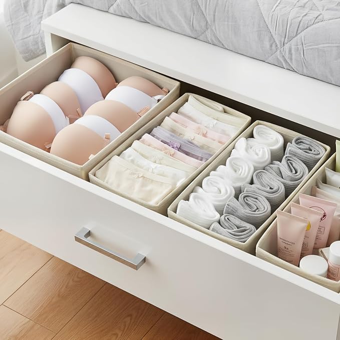 Drawer Organizer Set 4 Pack - Fabric Storage Bins for Underwear Socks Bras Baby Clothes - Closet Dresser Organizers Dividers for Bedroom Nursery, Beige