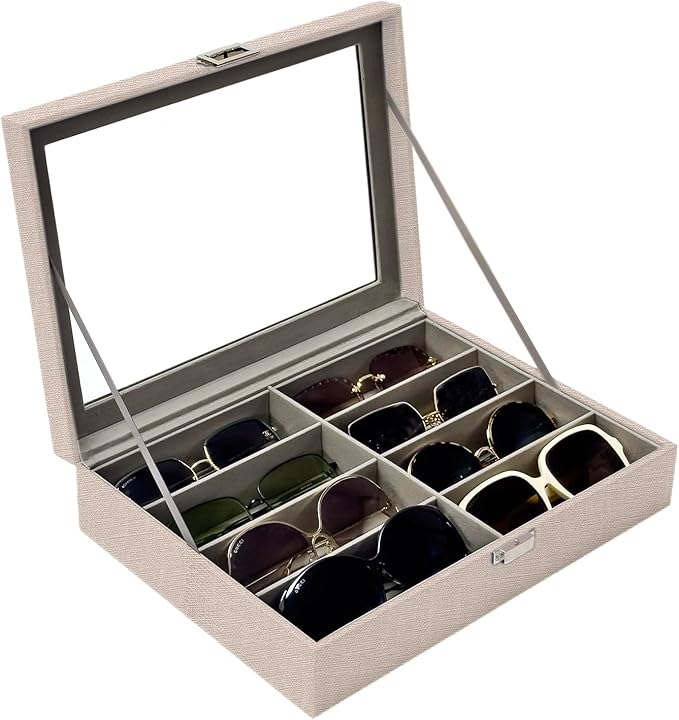 UnionPlus 8-Slots Sunglasses Case Organizer, Eyeglass Glasses Display Holder Collector, Multiple Sunglasses Storage Case, Beige Liner Faux Leather