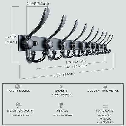 Dseap MaxStrong 2.0 Coat Rack Wall - 37” Long 10 Tri Hooks - Ultra Heavy-Duty Stainless Steel Wall Mount Coat Hanger, Hook Rail for Clothes Hats Jacket Towels Black, Pack of 2