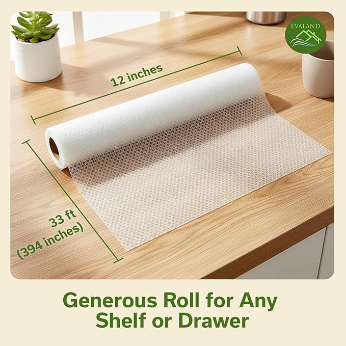 EVALAND Shelf Liners for Kitchen Cabinets Non-Adhesive 12" x 33 FT Clear Drawer Liner Non Slip, Washable Cabinet Liner, Waterproof Shelf Liners for Cabinets, Refrigerator Bathroom Pantry Cabinet Mat