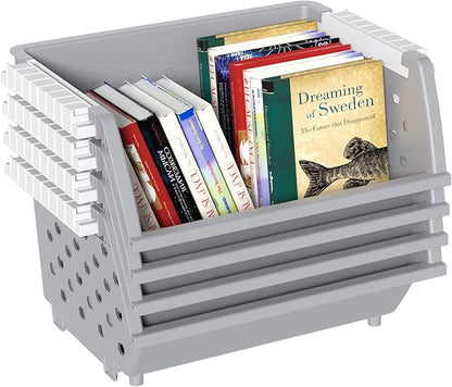 Large Plastic Stackable Storage Baskets, Plastic Open Front Stacking Bins, Gray, 4 Packs