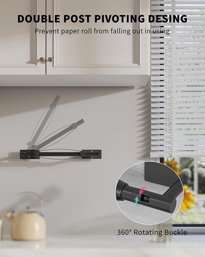 Paper Towel Holder Under Cabinet, Self Adhesive or Wall Mount Matte Black Hanging Paper Towel Holder with Damping Effect, Single Hand Operable, Stainless Steel for Kitchen Bathroom