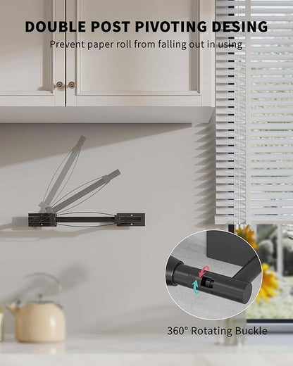 Paper Towel Holder Under Cabinet, Self Adhesive or Wall Mount Matte Black Hanging Paper Towel Holder with Damping Effect, Single Hand Operable, Stainless Steel for Kitchen Bathroom