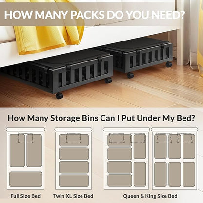 Gashell 2 Pack Bamboo Under Bed Storage with Wheels, 39”x20”x7.8” Lager Under Bed Storage Containers (Black)