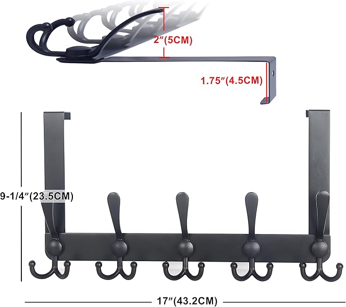 Dseap Over The Door Hook Hanger - Fits 1 3/8" to 1 3/4" Standard Doors | 5 Tri Hooks Heavy Duty Towel/Coat Rack | Door Organizer for Clothes, Jackets, Hats, Towels, Black, Pack of 2