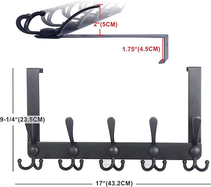 Dseap Over The Door Hook Hanger - Fits 1 3/8" to 1 3/4" Standard Doors | 5 Tri Hooks Heavy Duty Towel/Coat Rack | Door Organizer for Clothes, Jackets, Hats, Towels, Black, Pack of 2