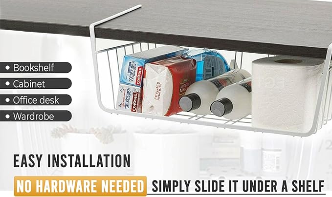 YBM HOME Under Shelf Wire Basket Storage Organizer for Kitchen Pantry - White Hanging Metal Wrap Rack, Easy to Install, (6 Pack, Medium) 2222-6