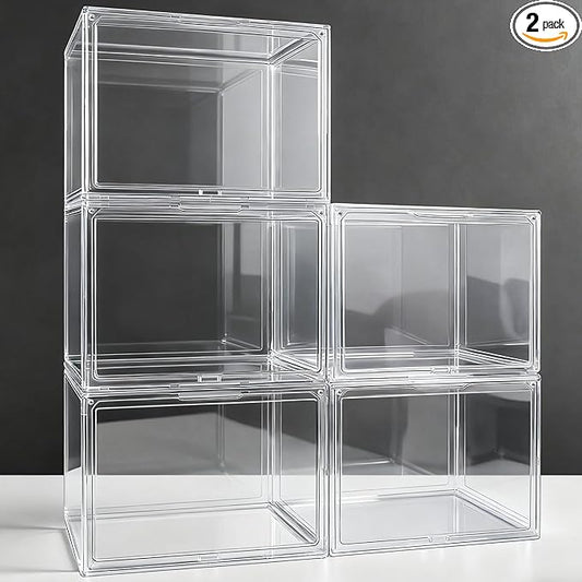 EDS FAM 12 Pack X-Large Acrylic Display Case, Size 14 Clear Shoe Box Stackable Sneaker Display Case with Magnetic Lid Multipurpose Storage Bin for Closet for Purses, Handbags, Cosmetics, Collectibles