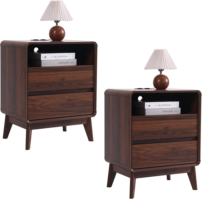 GlowVitaHome Nightstands Set of 2, Wood Bedside Tables with 2 Drawers and Open Storage, Accent End Tables with Solid Wood Legs for Bedroom,Walnut
