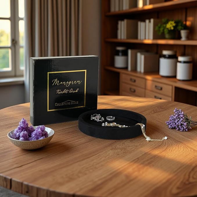 COLLECTIVE HOME - Velvet Jewelry Tray, 6" Monogrammed Jewelry Dish, Smooth Velour Display Dish for Rings, Earrings, Necklaces, Makeup, Personalized Gifts for Women (Black-z)