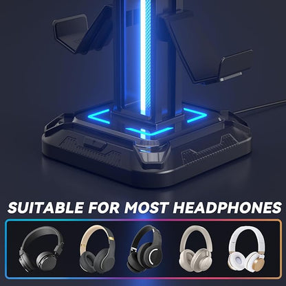 KDD RGB Headset Stand with 9 Light Modes - Controller Holder for Desk - Rotatable Headphone Stand & Detachable Controller Hook for PC Earphone Accessories(Black)