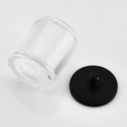 Indecor Home Clear Transparent Apothecary Ribbed Geometric Etched Glass Jar W/Matte Black Metal Lid Cover for Bathroom Organization, Cotton Balls, Q Tips, and Small Accessories, Bathroom Storage