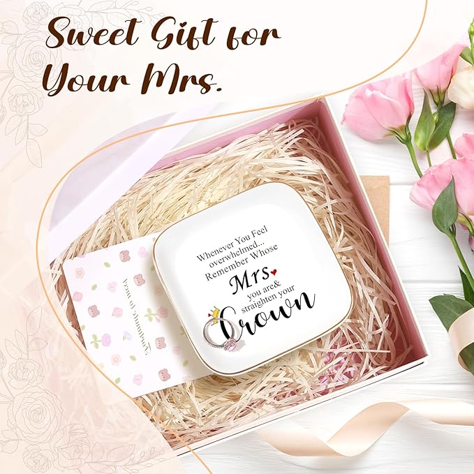 PUDDING CABIN Mrs Ring Dish, Engagement&Wedding Gifts for Women, Bridal Shower Present,Ceramic Jewelry Tray, 4.5"