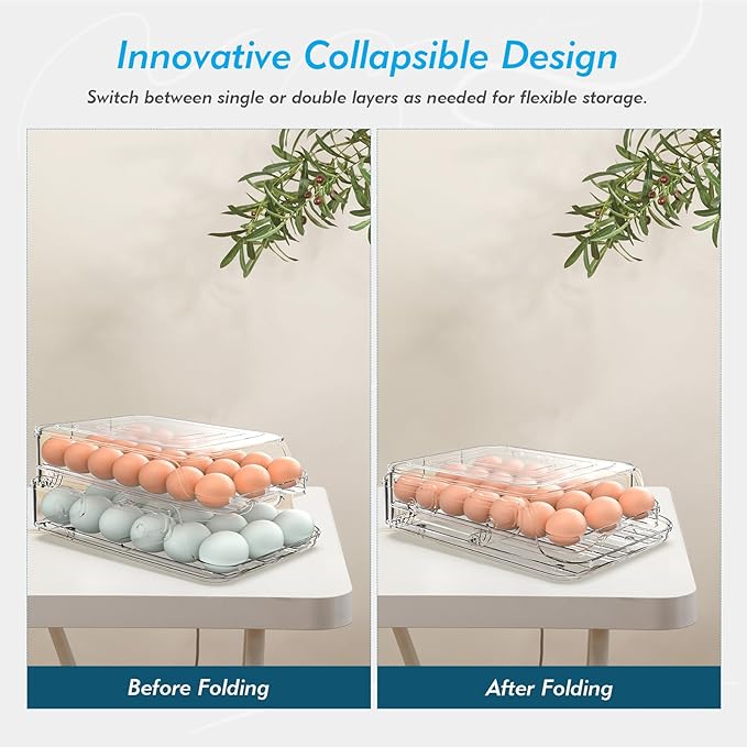 Egg Holder for Fridge, Foldable Automatic Rolling Egg Container for Refrigerator, Stackable Large-Capacity Egg Organizer Tray, Durable Clear Plastic Dispenser (3 dozens)