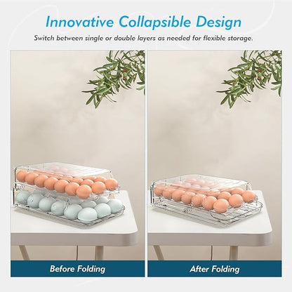 Egg Holder for Fridge, Foldable Automatic Rolling Egg Container for Refrigerator, Stackable Large-Capacity Egg Organizer Tray, Durable Clear Plastic Dispenser (3 dozens)