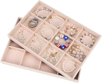 Zerodeko 2 Pcs Velvet Jewelry Organizer Tray with Adjustable Compartments Stackable 12-Grid Jewelry Display Insert for Drawer Storage and Home Decor