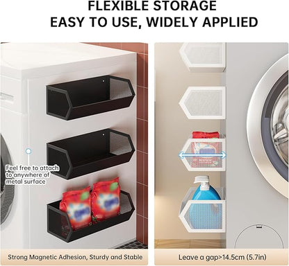 Magnetic Basket for The Side of Washing Machine Magnetic Lint Bin for Laundry Room Magnetic Spice Rack for Refrigerator Laundry Room Organization and Storage, Metal (White, Large)