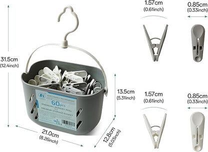 Premium Plastic Laundry Pegs, Pack of 60 with Basket, Windproof Clothes Pegs for Washing Line, Bag Sealing Clips