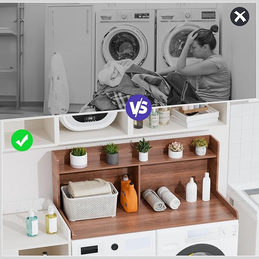 Washer Dryer Countertop with 2 Tier Shelf, 27.5" W × 54" L Laundry Wood Countertop with Edge Rails for Laundry Room Organization and Storage (Walnut)