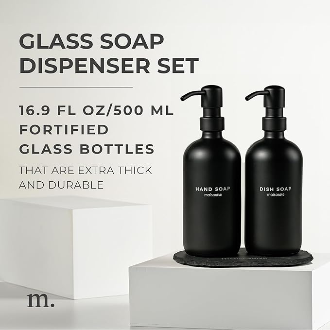 MaisoNovo Soap Dispenser 3-Piece Set | 16.9oz Black Bottles with Black Stainless Steel Pump Core