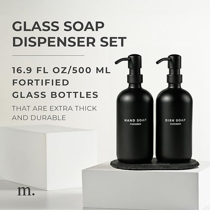 MaisoNovo Soap Dispenser 3-Piece Set | 16.9oz Black Bottles with Black Stainless Steel Pump Core