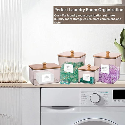 4 Pack Laundry Pods Container,Clear Dryer Sheet Holder & Laundry Room Organization and Storage with Lids, Scoops & Labels for Laundry Detergent, Powder, Dryer Balls, Beads (Gray)