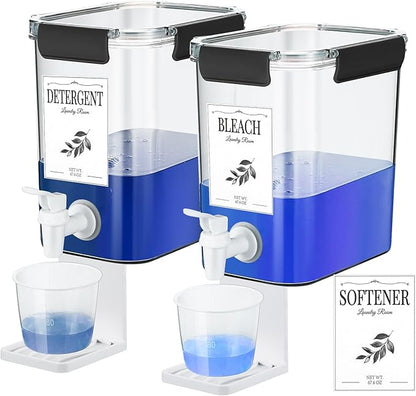Soaoo 2 Pcs Laundry Detergent Dispenser 67.6 oz Liquid Soap Dispenser with Faucet for Laundry Room 2 Liquid Detergent Holder with Labels and Measuring Cup Fabric Softener Container
