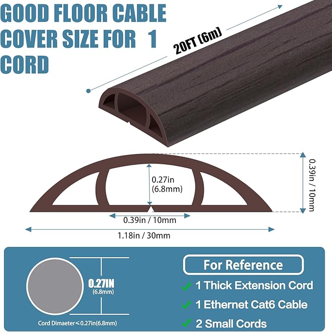 Floor Cord Covers for Wires 20FT Cable Hider Wire Cover Self Adhesive Cord Hider Floor for Offices, Homes, Workshops, Warehouses Cable Cavity 0.39" W x 0.27" H