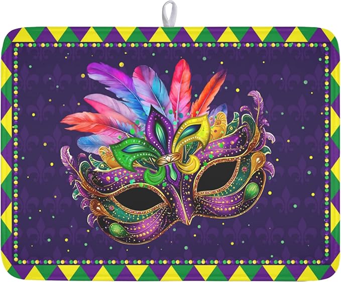 Wnoesat Mardi Gras Dish Drying Mat for Kitchen Counter Masquerade Mask Feather Drying Mats Absorbent Reversible Microfiber Washable Draining Pad Washable Dry Mat 18x24 Inch