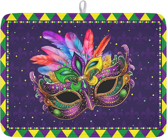 Wnoesat Mardi Gras Dish Drying Mat for Kitchen Counter Masquerade Mask Feather Drying Mats Absorbent Reversible Microfiber Washable Draining Pad Washable Dry Mat 18x24 Inch