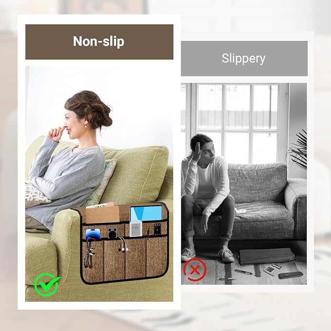 Meeall Armchair Caddy & Remote Control Holder for Couch & Recliner | Non-Slip Armrest Organizer with 6 Pockets for TV Remote, Phone, Tablet, Magazine, Chocolate