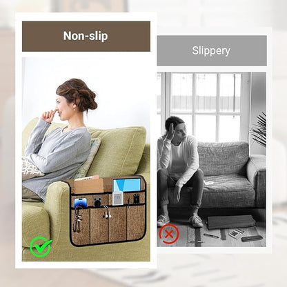 Meeall Armchair Caddy & Remote Control Holder for Couch & Recliner | Non-Slip Armrest Organizer with 6 Pockets for TV Remote, Phone, Tablet, Magazine, Chocolate
