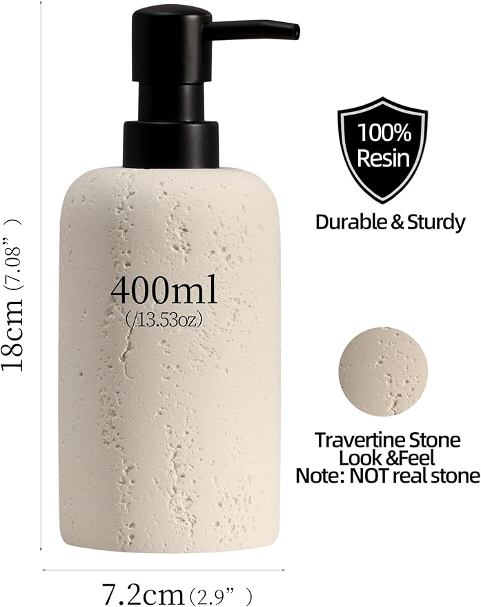 Haocoott Soap Dispensers 400mL 13.5 OZ, 2 PCS Luxurious Hand Dish Lotion Shampoo Soap Dispenser Jar, Travertine Soap Bottles Rustproof Pump for Kitchen Bathroom Countertop