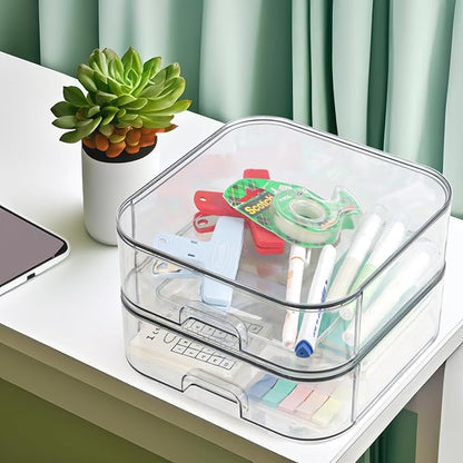 Set of 2 Stackable Storage Drawers - 7.8" Clear Plastic Drawer Storage, Acrylic Makeup Organizer, Desk Counter Cabinet Office Organizer, Bathroom Organizers and Storage (Square/Set of 2)