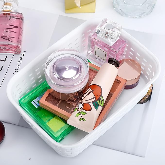 3 Pack Plastic Storage Baskets for Cabinets,Small Plastic Basket,Organizer Bins Storage Baskets for Shelves,Room,Pantries,Countertops(White)