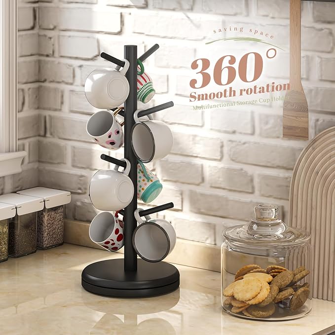 Mug Holder Tree 360° Rotated Mug Tree Coffee Cup Holder Bamboo Rack Stand 8 Hooks for Countertop Cup Rack Kitchen Coffee Bar Organizer Decorative Mug Racks (Black)
