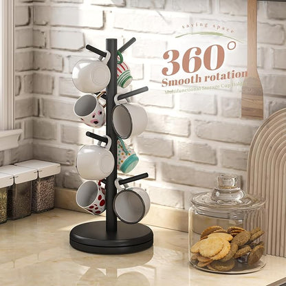 Mug Holder Tree 360° Rotated Mug Tree Coffee Cup Holder Bamboo Rack Stand 8 Hooks for Countertop Cup Rack Kitchen Coffee Bar Organizer Decorative Mug Racks (Black)
