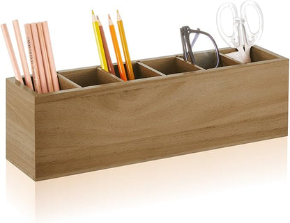 Jetec Wooden Pencil Pen Holder for Desk 6 Compartments Wood Office Desk Organizers for Countertop Adjustable Makeup Brush Organizer Silverware Caddy for Party, Home, Art Supplies(Wood Color)