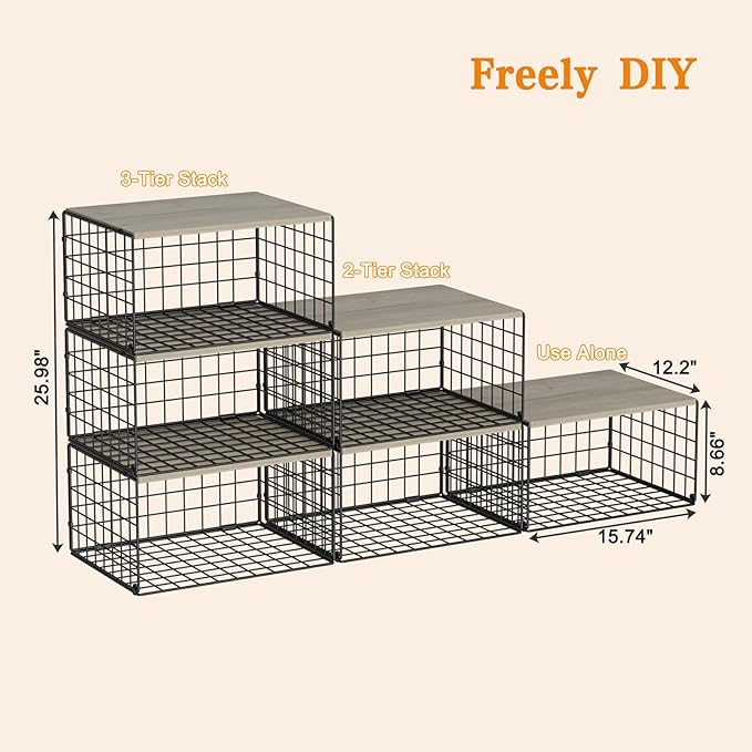 Wider Stackable Closet Organizers and Storage with Wood Top, 3 Pack Closet Shelf Organizer, Space-Saving Clothes Storage Bins for Wardrobe & Bedroom & Small Spaces, Sturdy Metal Black