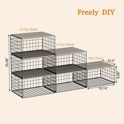 Wider Stackable Closet Organizers and Storage with Wood Top, 3 Pack Closet Shelf Organizer, Space-Saving Clothes Storage Bins for Wardrobe & Bedroom & Small Spaces, Sturdy Metal Black