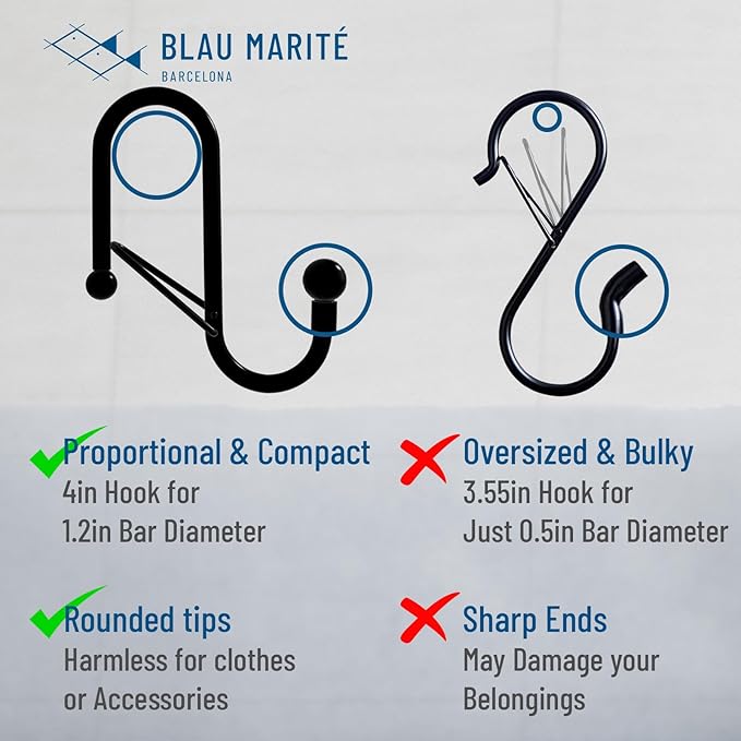 Blau Marité 6 S-Shaped Hooks with Anti-Fall System. Anti Drop S-Shaped Hook with Safety Buckle to Prevent Falls. Heavy Duty. (Black, 4in Long (Diameter Rod<1.2in))